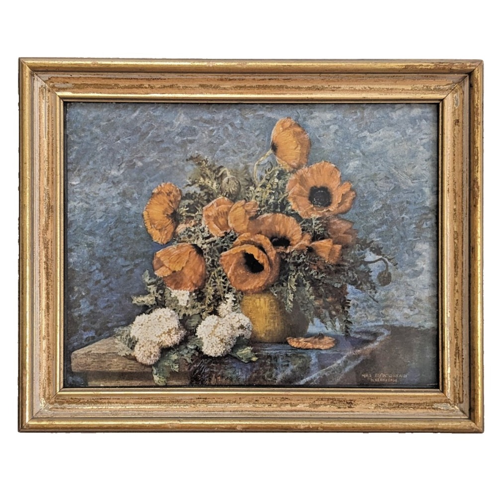 Vintage Max Streckenbach Orange Poppy Floral Still Life Print Framed Gold 11x9"
